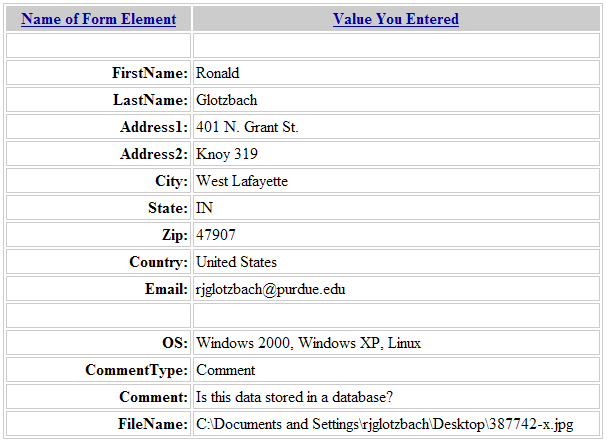 Example of formPost.asp after a successful submission of data